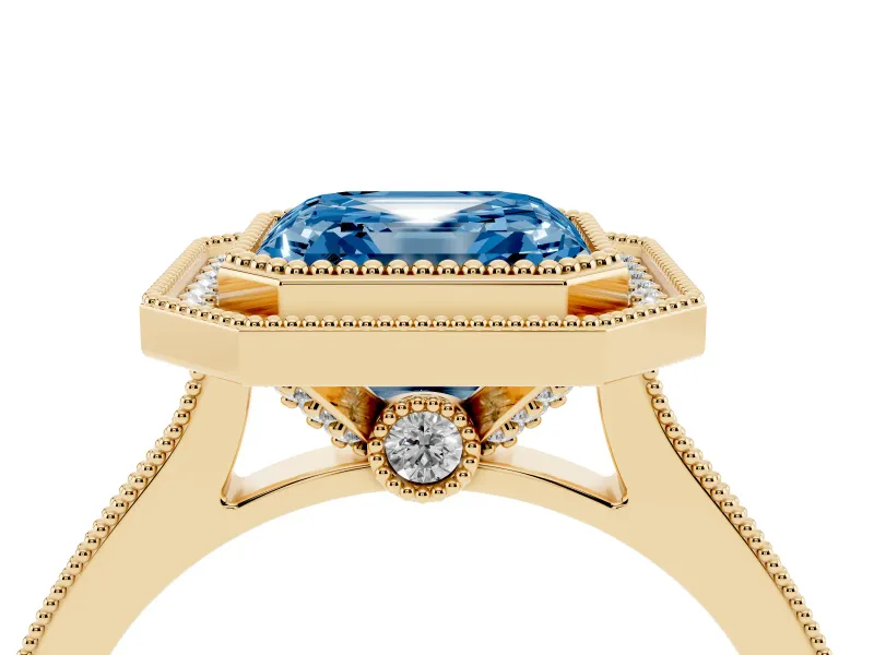 Asscher Cut Vintage Milgrain Halo Engagement Ring Setting for a Fancy Blue Lab-Grown Diamond | Bezel Head | Yellow Gold