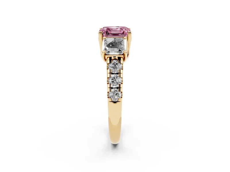 Asscher Cut Three Stone Engagement Ring Setting for a Fancy Pink Lab-Grown Diamond | Accented Shoulders | Yellow Gold