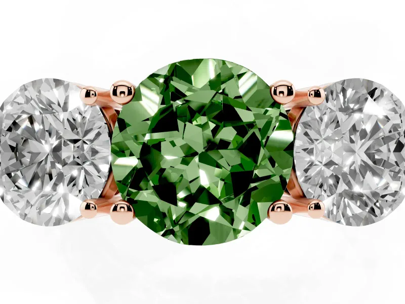 Round Three Stone Engagement Ring Setting for a Fancy Green Lab-Grown Diamond | Large Round Side Stones | Rose Gold