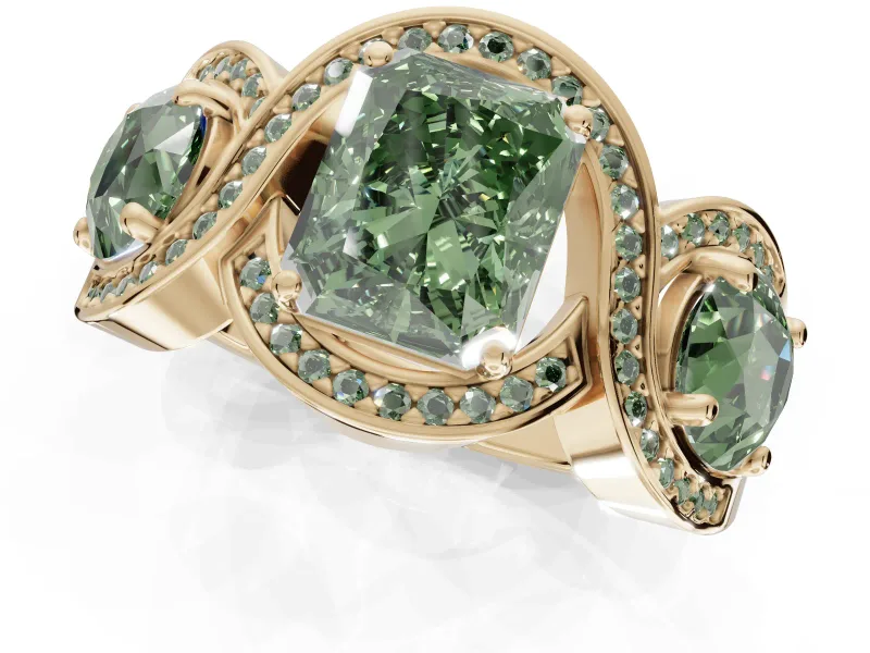 Radiant Cut Three Stone Halo Engagement Ring Setting for a Fancy Green Lab-Grown Diamond | Pavé Wave Band | Yellow Gold