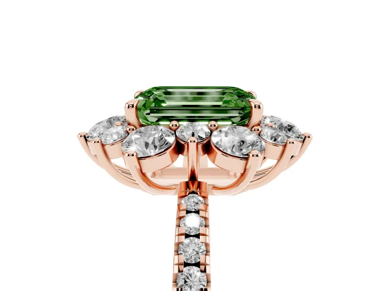 Fancy Green Emerald Cut Diamond Floral Halo Ring Set in Rose gold with Round Pavé Band and Prong Setting