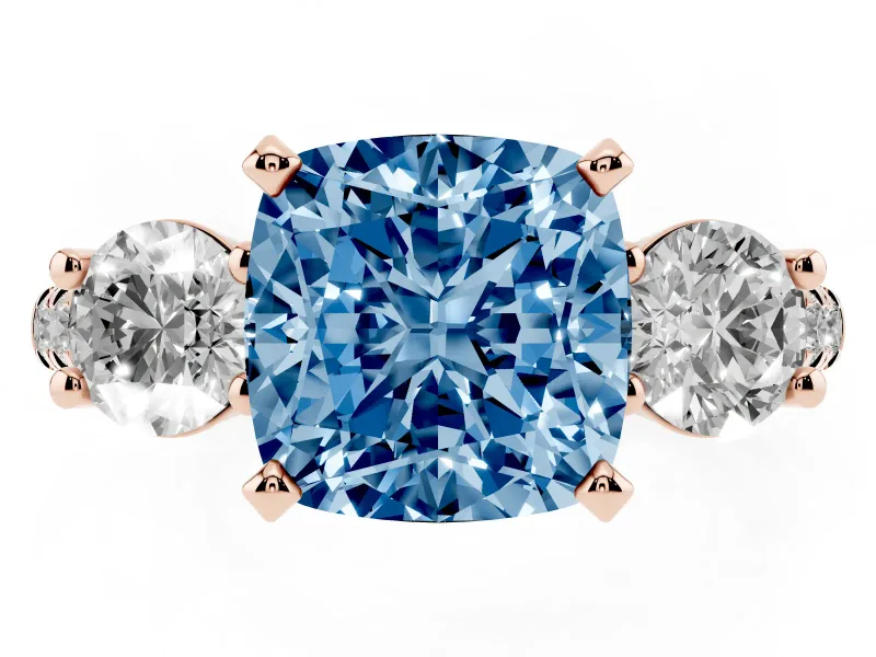 Fancy Blue Three-Stone Cushion Cut Diamond Pavé Band Ring Set in Rose gold with Prong-Set Trio