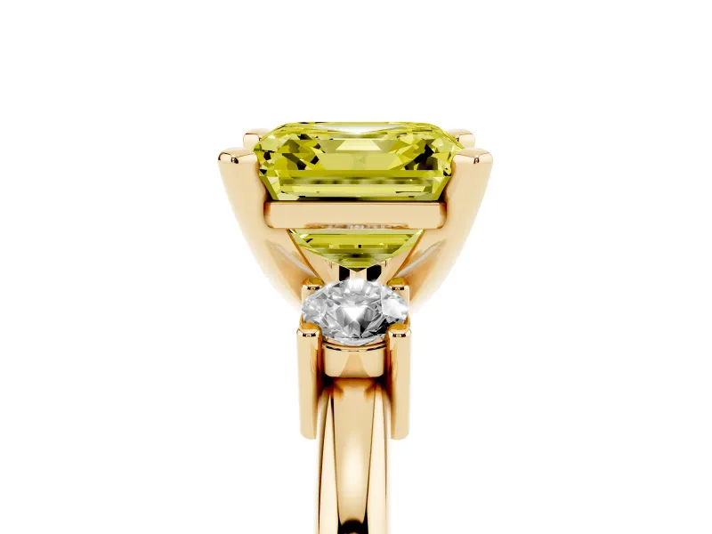 Fancy Yellow Three-Stone Asscher Cut Diamond Ring Set in Yellow gold with Prong Setting and Plain Band