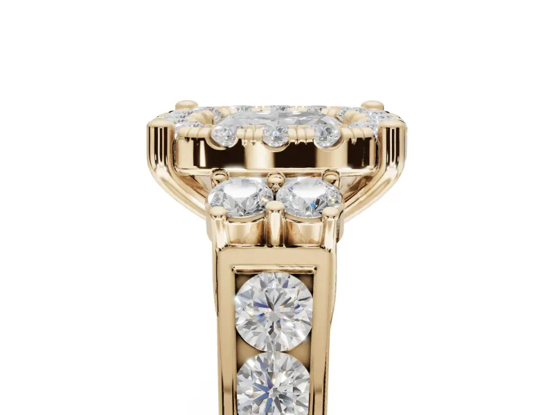 Cushion Cut Halo Side Cluster Engagement Ring Setting | Graduated Channel Band | Yellow Gold