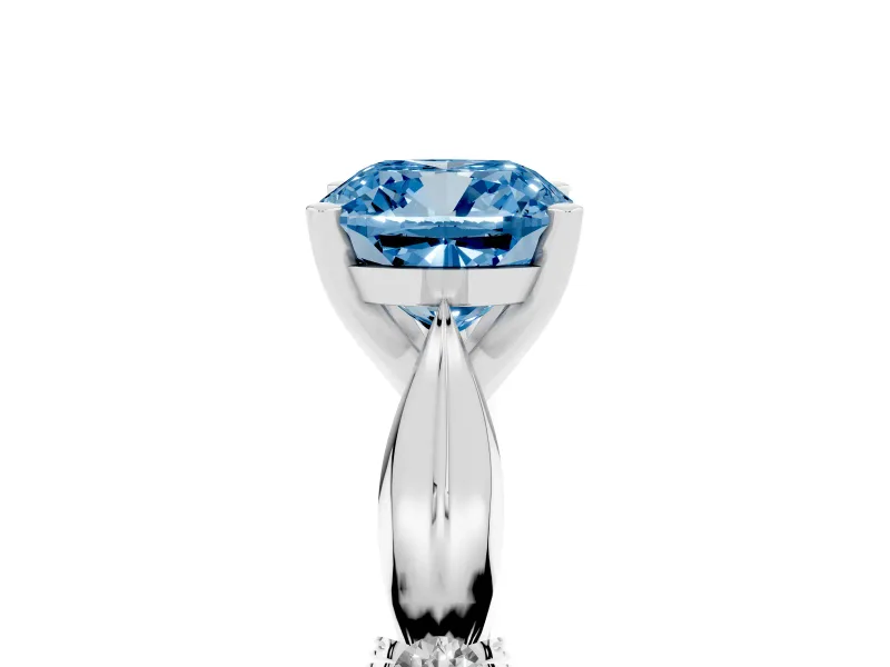 Fancy Blue Cushion Cut Diamond Solitaire Twisted Band Ring Set in White gold with Accent Stones and Prong Setting