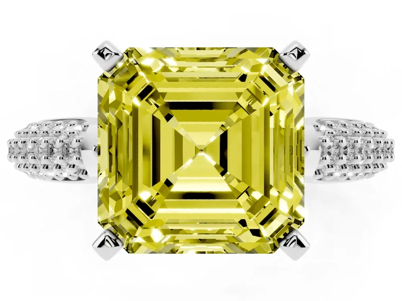 Fancy Yellow Asscher Cut Diamond Solitaire Engagement Ring Set in Silver with Multi-Row Round Pavé Band and Prong Setting