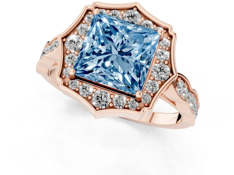 Princess Cut Vintage Scalloped Halo Engagement Ring Setting for a Fancy Blue Lab-Grown Diamond | Pave Band | Rose Gold