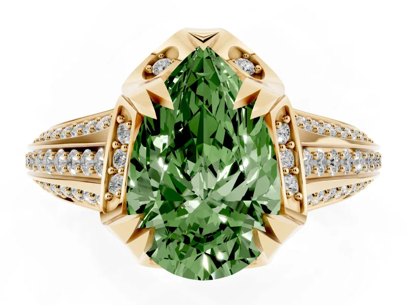 Fancy Green Pear Cut Diamond Pavé Split Shank Solitaire Ring Set in Yellow gold with Prong Setting