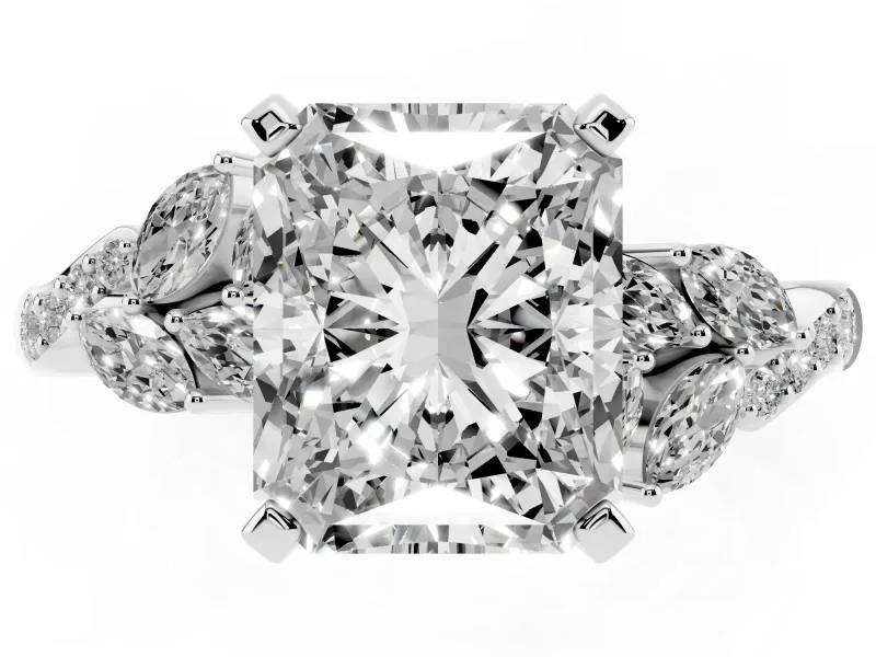 Radiant Cut Diamond Solitaire Ring Set in Platinum with Marquise Twist Band and Prong Setting