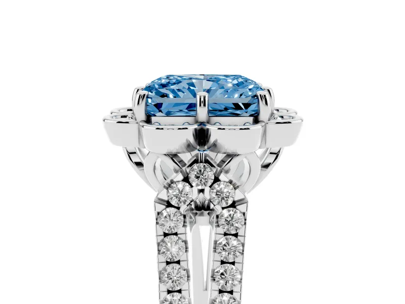 Radiant Cut Floral Halo Engagement Ring Setting for a Fancy Blue Lab-Grown Diamond | Pavé Split Shank | White Gold