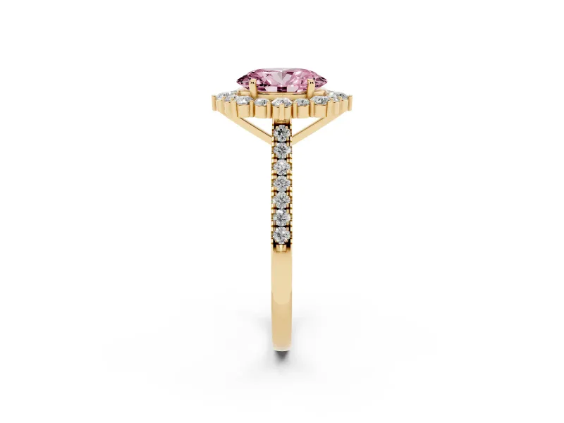 Oval Scalloped Halo Engagement Ring Setting for a Fancy Pink Lab-Grown Diamond | Single Row Pave | Yellow Gold