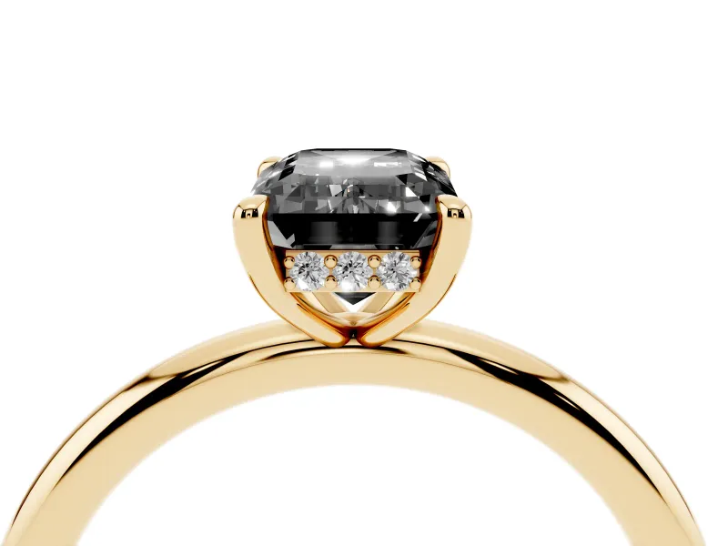 Fancy Black Emerald Cut Diamond Solitaire Ring Set in Yellow gold with Thin Band and Prong Setting