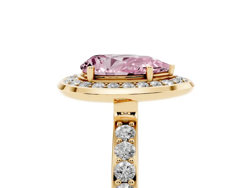 Fancy Pink Pear Cut Diamond Halo Ring Set in Yellow gold with Bezel Frame and Pavé Band