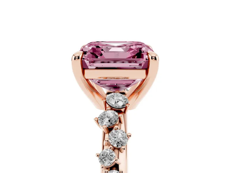 Fancy Pink Asscher Cut Diamond Solitaire Vine Band Ring Set in Rose gold with Round Accents and Prong Setting