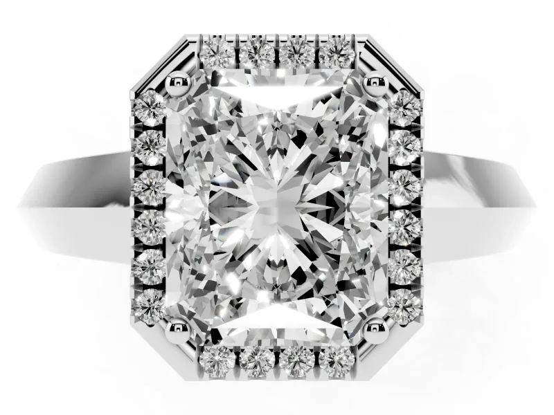 Radiant Cut Diamond Halo Ring Set in White gold with Cathedral Band and Prong Setting