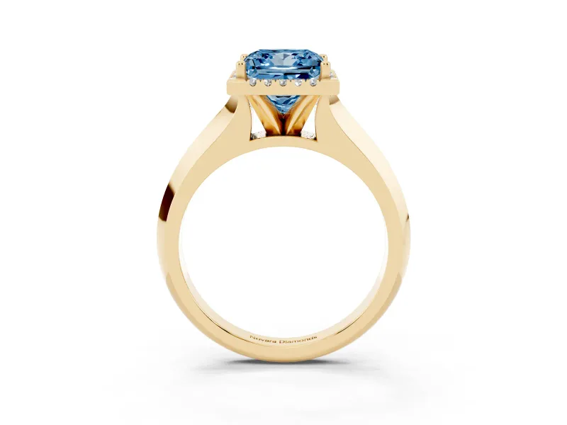 Fancy Blue Princess Cut Diamond Halo Ring Set in Yellow gold with Cathedral Band and Prong Setting