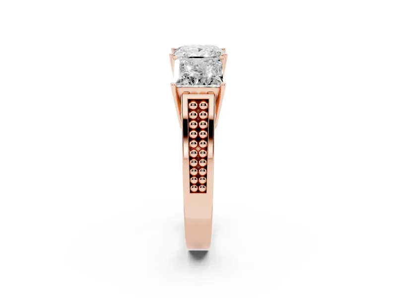 Princess Cut Three Stone Engagement Ring Setting | Beaded Shoulders | Rose Gold