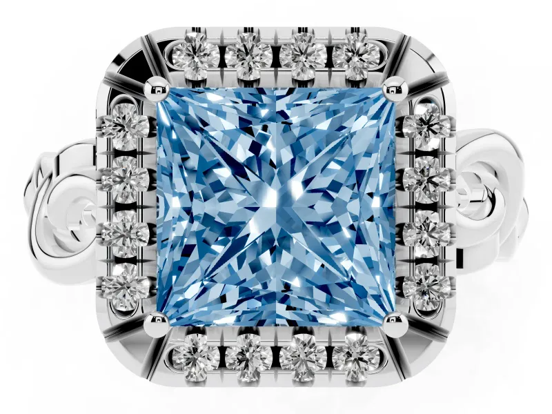 Fancy Blue Princess Cut Diamond Halo Ring Set in Platinum with Scrollwork Band and Prong Setting