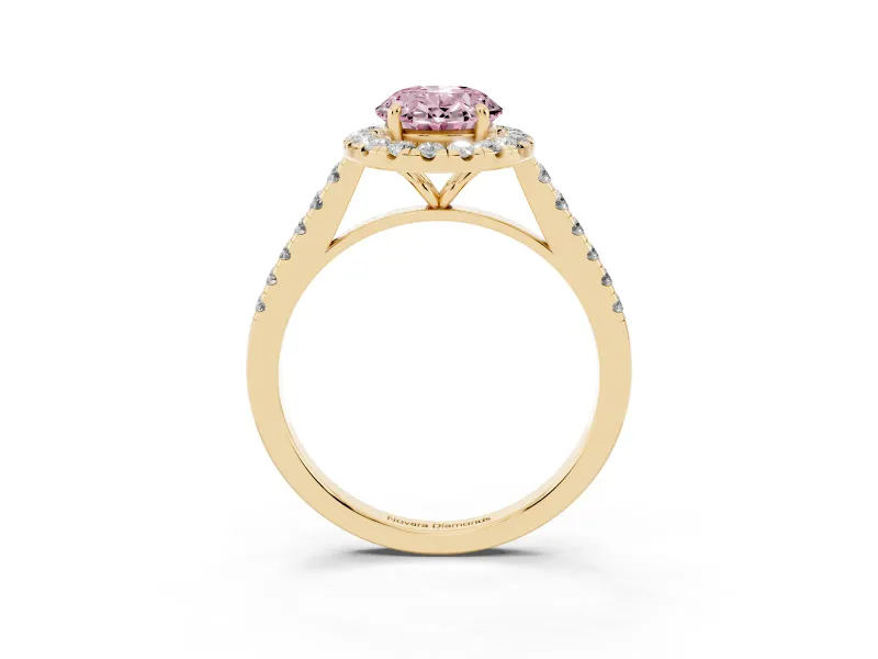 Oval Halo Engagement Ring Setting for a Fancy Pink Lab-Grown Diamond | Pave Shoulders | Yellow Gold