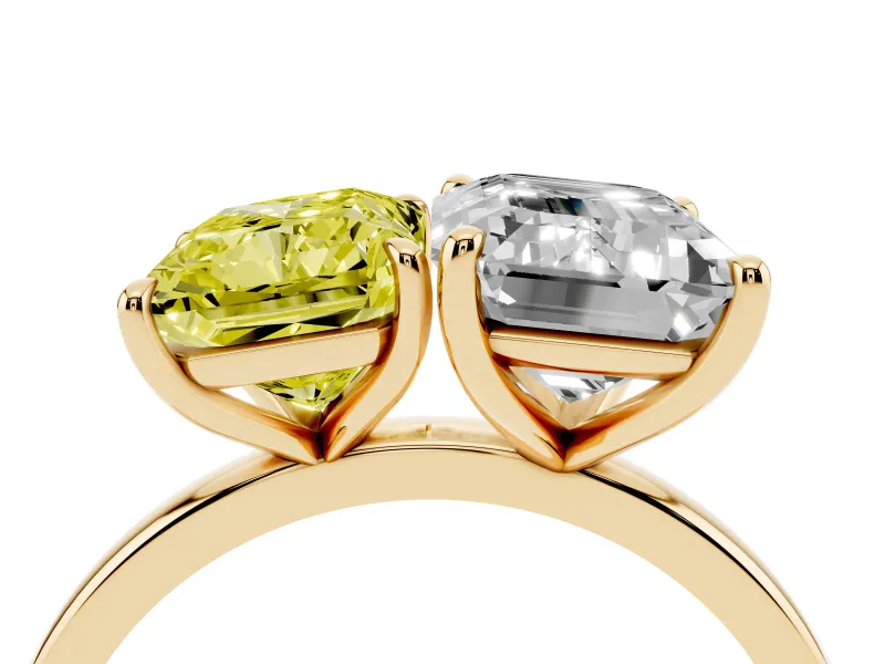 Fancy Yellow Radiant Cut and Emerald Cut Toi Moi Ring Set in Yellow gold with Prong Setting
