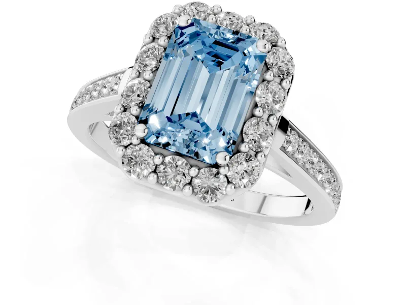 Fancy Blue Emerald Cut Diamond Floral Halo Ring Set in Platinum with Pavé Band and Prong Setting