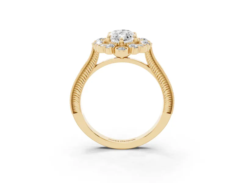 Marquise Cut Diamond Halo Milgrain Pavé Ring Set in Yellow gold with Prong Setting