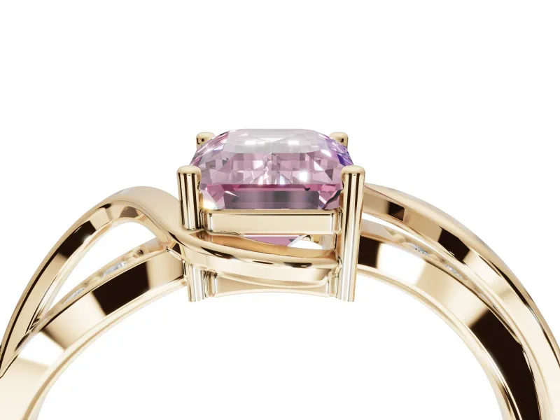 Emerald Cut Bypass Solitaire Engagement Ring Setting for a Fancy Pink Lab-Grown Diamond | Pavé Strands | Yellow Gold