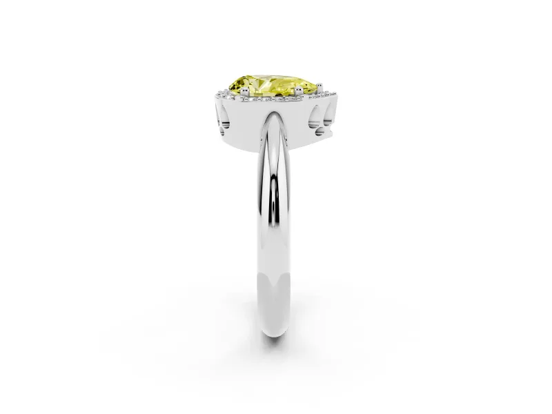 Fancy Yellow Pear Cut Diamond Halo Engagement Ring Set in White gold with Plain Split Shank and Prong Setting