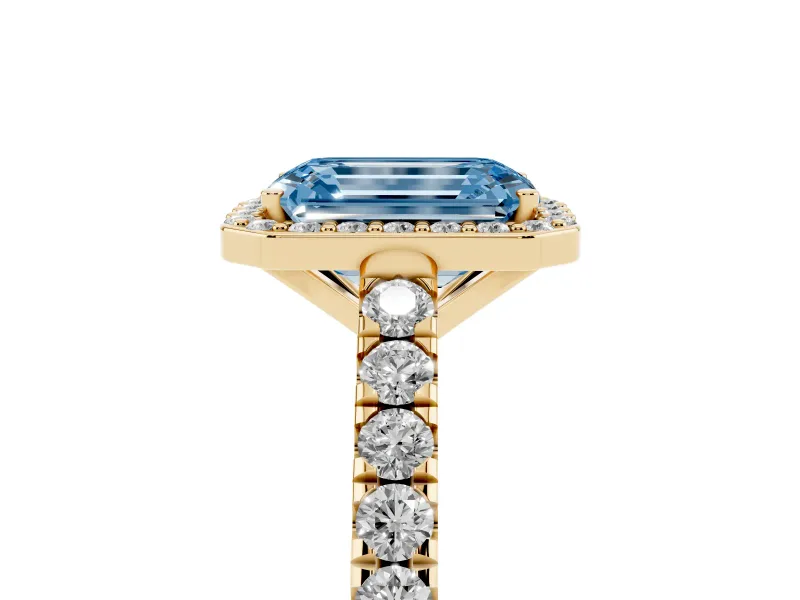 Emerald Cut Halo Pavé Engagement Ring Setting for a Fancy Blue Lab-Grown Diamond | Yellow Gold