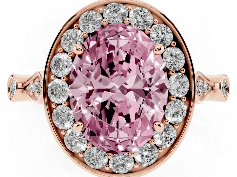 Oval Halo Engagement Ring Setting for a Fancy Pink Lab-Grown Diamond | Bezel Stations | Rose Gold