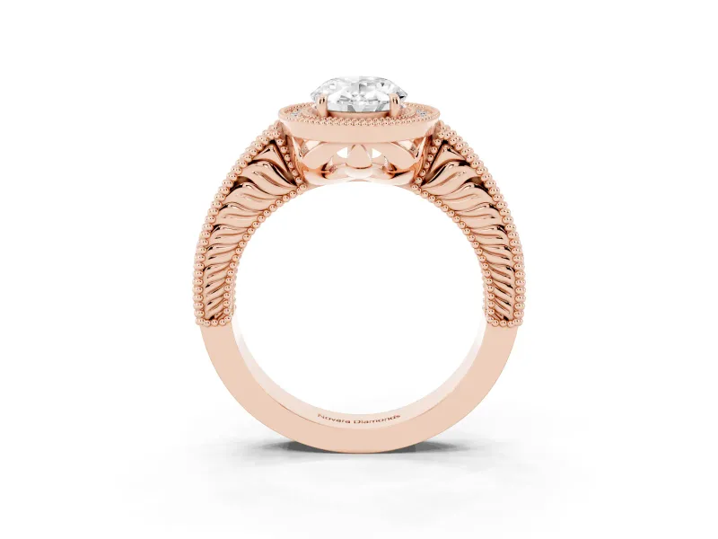 Oval Vintage Milgrain Halo Engagement Ring Setting | Carved Leaf Detail | Rose Gold