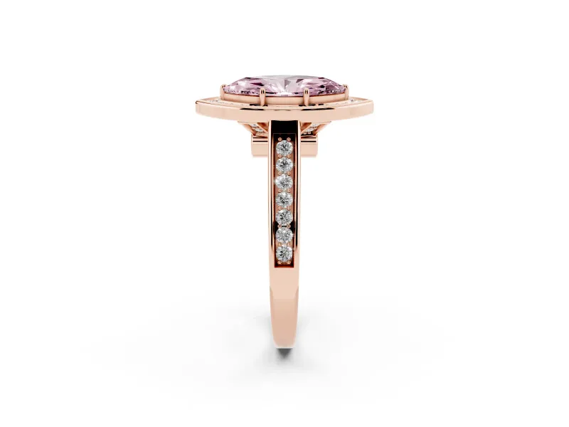 Fancy Pink Marquise Cut Diamond Halo Solitaire Ring Set in Rose gold with Pavé Band and Bezel Setting