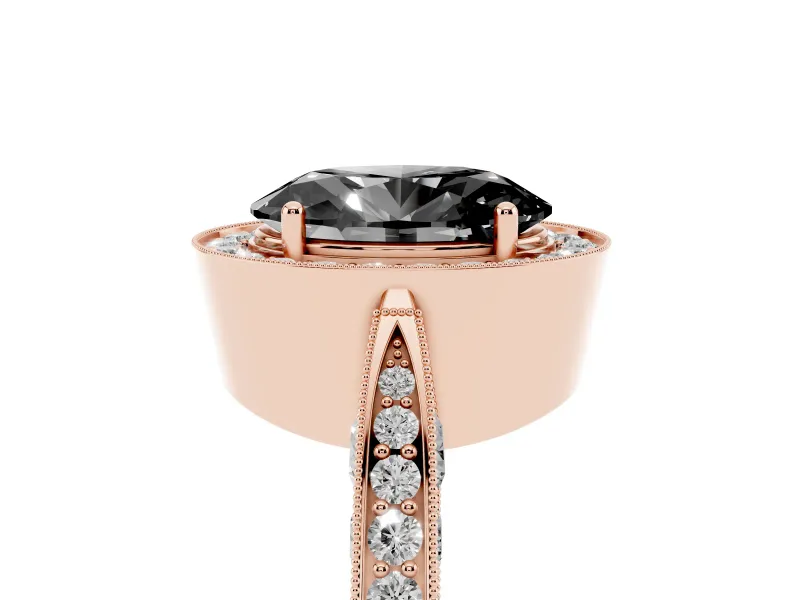 Oval Milgrain Halo Engagement Ring Setting for a Black Center | Side Stones | Rose Gold