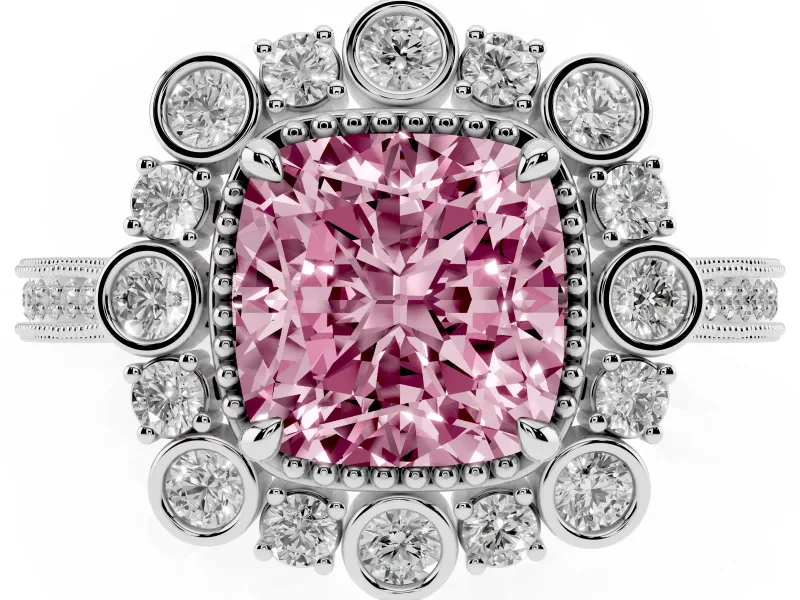 Fancy Pink Cushion Cut Diamond Halo Milgrain Pavé Ring Set in Platinum with Prong Setting
