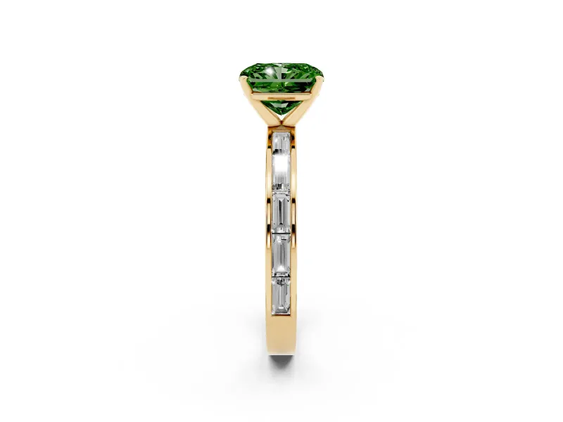 Fancy Green Radiant Cut Diamond Solitaire Ring Set in Yellow gold with Channel-Set Baguette Band and Prong Setting