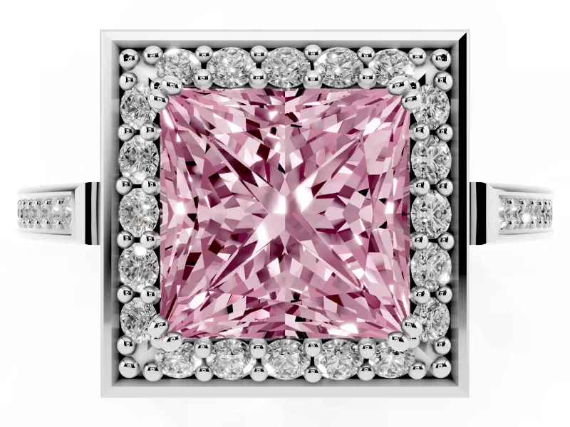 Princess Cut Halo Engagement Ring Setting for a Fancy Pink Lab-Grown Diamond | Polished Halo Rim | Platinum
