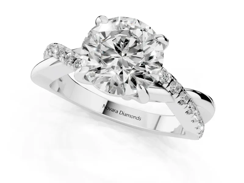 Round Cut Diamond Twist Band Solitaire Set in Platinum with Pavé Accents and Prong Setting