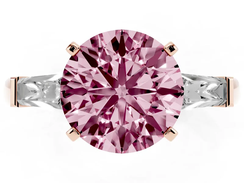 Fancy Pink Round Cut Diamond Solitaire Ring Set in Rose gold with Tapered Baguette Side Stones and Prong Setting
