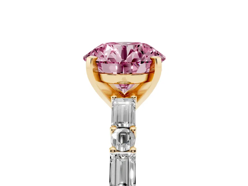 Fancy Pink Round Cut Diamond Solitaire Set in Yellow gold with Side Baguettes and Channel Set Band