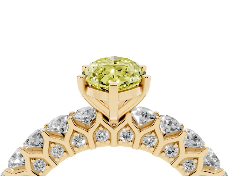 Fancy Yellow Marquise Cut Diamond Solitaire Ring Set in Yellow gold with Shared Prong Pavé Band