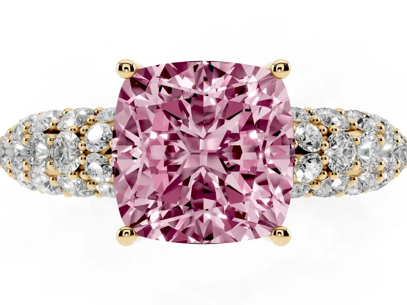 Cushion Cut Multi Row Pave Engagement Ring Setting for a Fancy Pink Lab-Grown Diamond | Yellow Gold