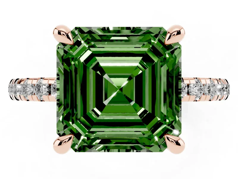 Fancy Green Asscher Cut Diamond Brilliant Solitaire Ring Set in Rose gold with Pavé Band and Prong Setting