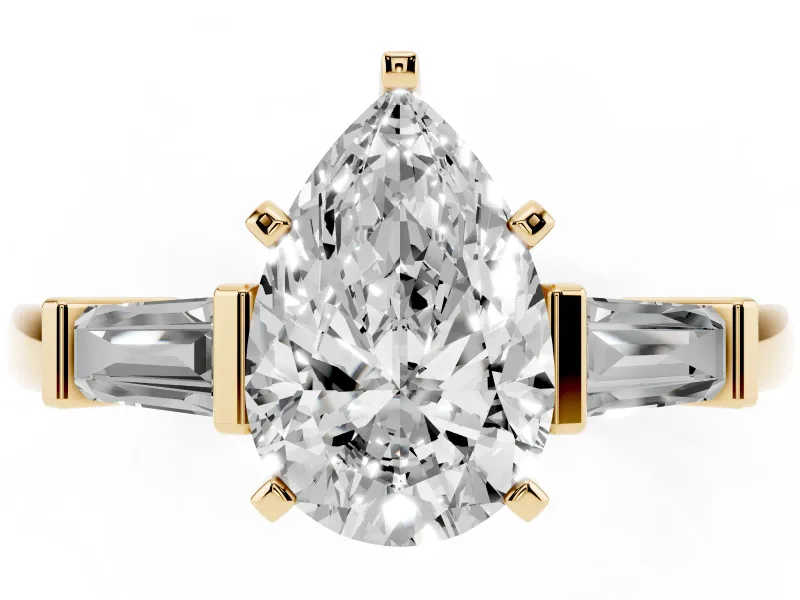 Pear-Shaped Three-Stone Engagement Ring Setting | Tapered Baguettes | Yellow Gold