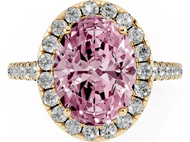 Oval Halo Engagement Ring Setting for a Fancy Pink Lab-Grown Diamond | Pave Shoulders | Yellow Gold