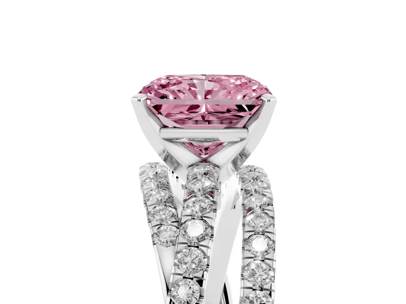 Fancy Pink Radiant Cut Diamond Solitaire Twist Band Ring Set in Platinum with Pavé Setting and Prong Head