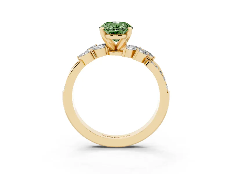 Fancy Green Oval Cut Diamond Solitaire Ring Set in Yellow gold with Marquise Twist Band and Prong Setting