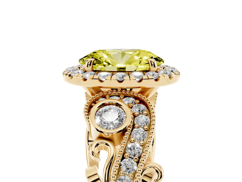 Fancy Yellow Oval Cut Diamond Halo Ring Set in Yellow gold with Milgrain Pavé Band and Prong Setting