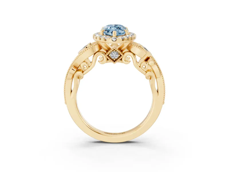 Fancy Blue Marquise Cut Diamond Halo Ring Set in Yellow gold with Milgrain Pavé Band and Prong Setting