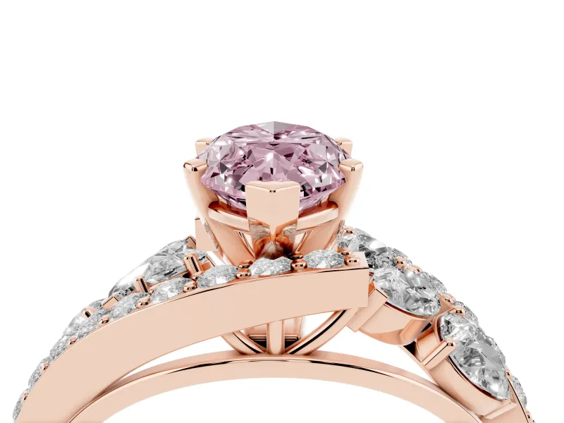 Fancy Pink Marquise Cut Diamond Halo Ring Set in Rose gold with Marquise and Pavé Band in Prong Setting