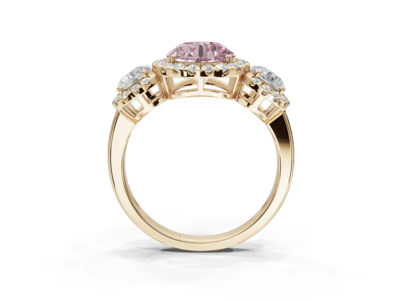 Round Three Stone Halo Engagement Ring Setting for a Fancy Pink Lab-Grown Diamond | Yellow Gold